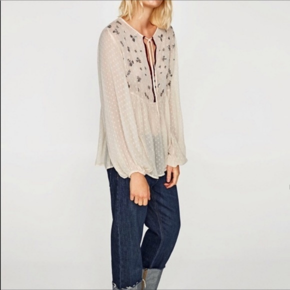 Zara Tops - Zara Embroidered Blouse In Nude Pink